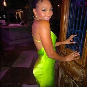 Rat and boa low back cowl neck lime green satin dress -Size XS